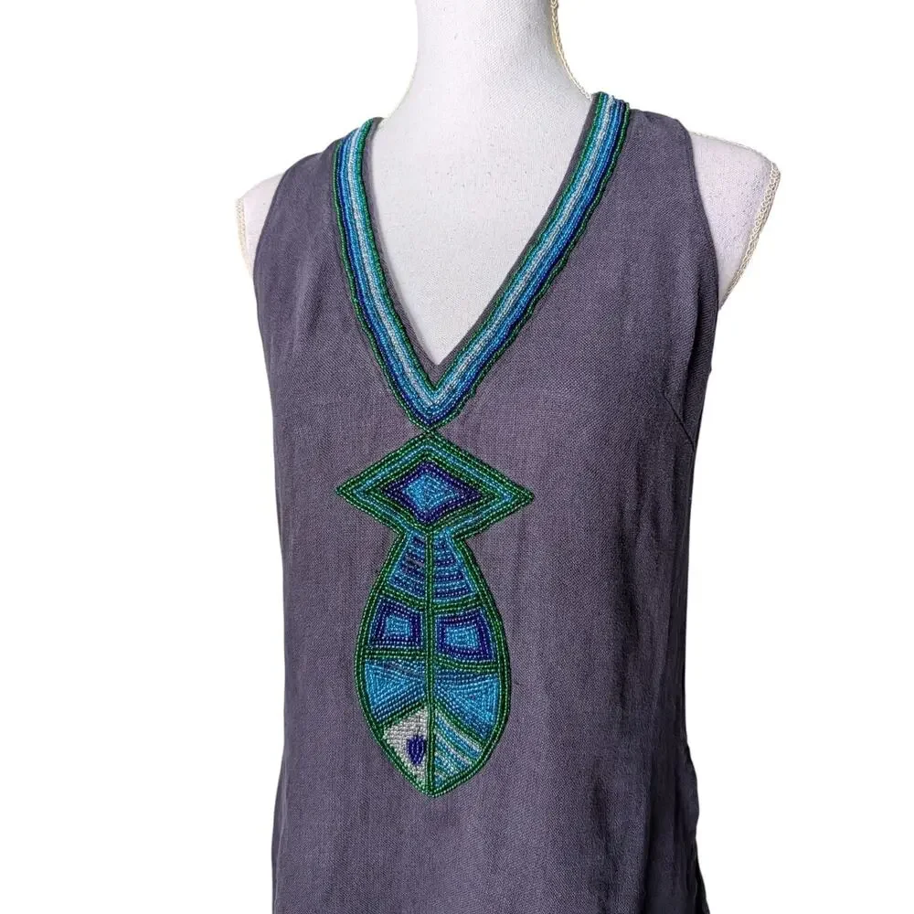 Tory Burch 100% Linen Navy Blue Beaded Fish V Neck Top Size 2 Sleeveless